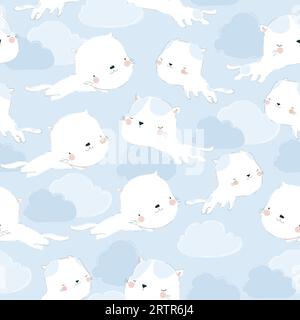 Motif sans couture avec des chats Cartoon mignons volant sur le ciel Illustration de Vecteur
