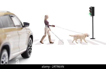 Voiture en attente au passage pour piétons et une jeune femme aveugle avec un chien en laisse traversant la rue isolée sur fond blanc Banque D'Images