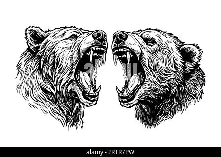 Illustration de style gravure vectorielle de deux logotype de tête grognante d'ours. Illustration de Vecteur