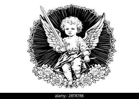 Petit ange avec épée dans le cadre vecteur de style rétro gravure illustration noir et blanc. Bébé mignon avec des ailes. Illustration de Vecteur