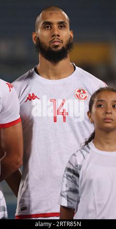 Egypte, le Caire - 12 septembre 2023 - Aissa Laidouni de Tunisie, en tête, profil lors du match amical entre l'Egypte et la Tunisie à la 30e. Banque D'Images