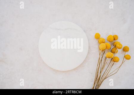 Design de produit de podium cosmétique en marbre blanc et bouquet de fleurs jaunes sèches sur fond de marbre blanc. Scène de présentation du produit pour cosmétique ou b Banque D'Images