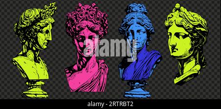 Ensemble de couleur tête de statue antique de sculpture grecque esquisse gravure style pack d'illustration vectorielle. Illustration de Vecteur