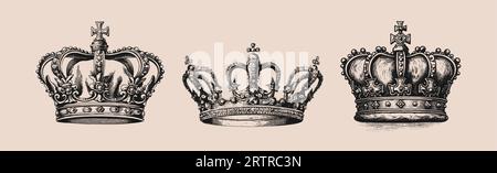 Jeu de couronnes dessinées à la main Vector. Illustration de croquis de pack gravé vintage. Illustration de Vecteur