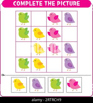 Complétez l'image oiseaux colorés. Feuille de travail de jeu éducatif pour les enfants Sudoku Illustration de Vecteur