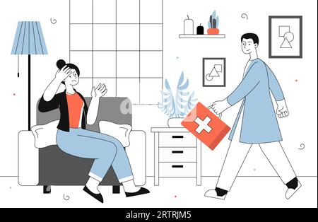 Concept de ligne vectorielle de visite à domicile des médecins Illustration de Vecteur