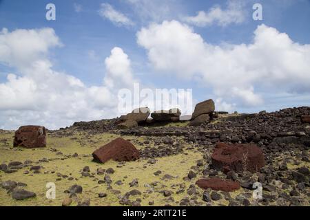 Photographie du renversement de moais sur le site d'Akahanga sur l'île de Pâques au Chili Banque D'Images