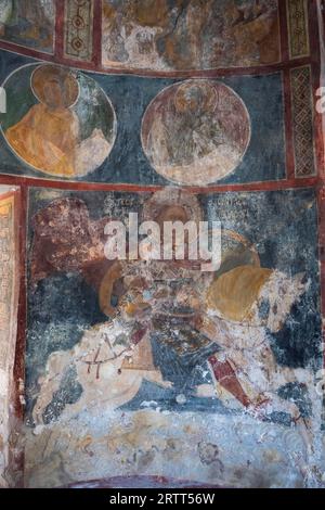 Fresques de la chapelle byzantine d'Agios Nikolaos Fountoukli, l'une des plus anciennes églises de Rhodes en tant que bâtiment à quatre conques datant du 14th siècle Banque D'Images