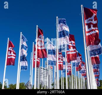 Mâts avec drapeaux IFA, Hammarskjoeldplatz, Messehallen am Funkturm, Berlin, Allemagne Banque D'Images