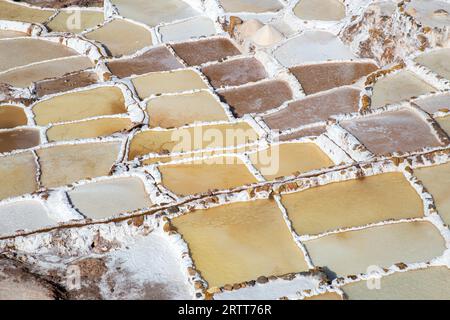 Maras, Pérou, 11 octobre 2015 : étangs d'évaporation de sel dans les mines de sel de Maras Banque D'Images