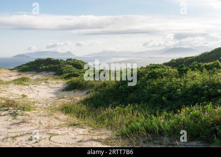 Plage de Joaquina à Florianopolis, Santa Catarina, Brésil. Une des principales destinations touristiques dans la région sud Banque D'Images