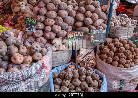 Arequipa, Pérou, 20 octobre 2015 : sacs de pommes de terre péruviennes au marché de San Camillo Banque D'Images