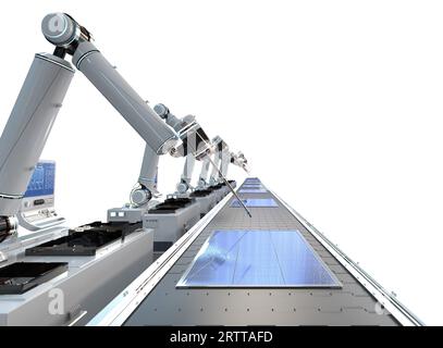 Industrie de l'automatisation avec chaîne d'assemblage de robot de rendu 3d dans l'usine de panneau solaire isolée Banque D'Images