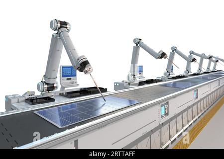 Industrie de l'automatisation avec chaîne d'assemblage de robot de rendu 3d dans l'usine de panneau solaire isolée Banque D'Images