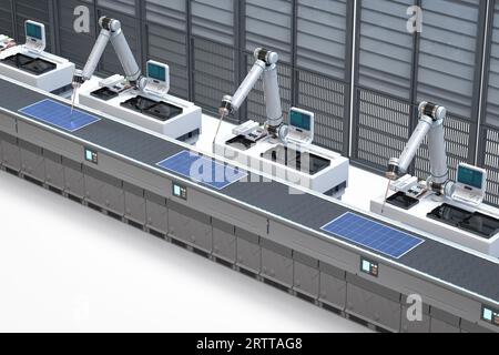 Industrie de l'automatisation avec chaîne d'assemblage de robot de rendu 3d dans l'usine de panneau solaire Banque D'Images