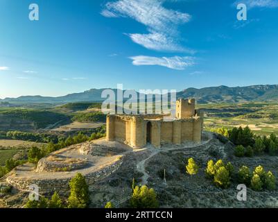 Vue aérienne du château de Davalillo au-dessus de l'Èbre dans la Rioja Espagne, avec des tours semi-circulaires et tour d'hommage médiévale défensive construction résidentielle Banque D'Images