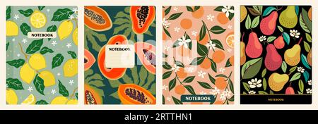 Ensemble de couverture de carnet motifs fruits dessinés à la main. Illustration de Vecteur