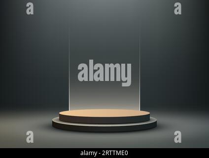 Podium 3D réaliste noir et beige avec un fond de verre. Cette maquette d'affichage de produit moderne est parfaite pour mettre en valeur vos produits dans un propre et e Illustration de Vecteur