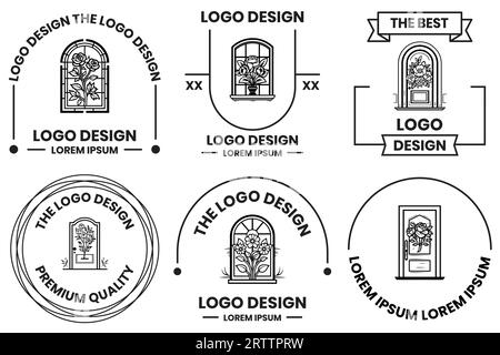 Portes et fenêtres avec logo de fleurs dans le style d'art de ligne plate isolé sur le fond Illustration de Vecteur