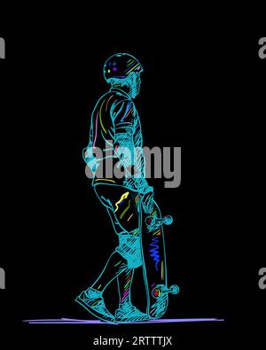 Skateboarder en pleine protection et casque se tient et tient le sketch coloré d'art de ligne de skateboard sur fond noir, illustration vectorielle dessinée à la main Illustration de Vecteur