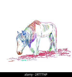 Cheval affamé avec des côtes saillantes marche lentement avec la tête vers le bas, portrait pleine longueur de différentes couleurs encre, croquis vectoriel, illustration dessinée à la main Illustration de Vecteur