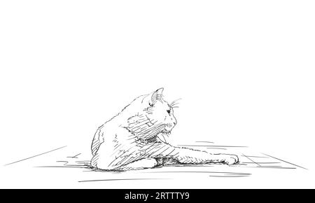 Cat se repose avec une patte étirée esquisse vectorielle, dessin de chat paresseux Illustration de Vecteur