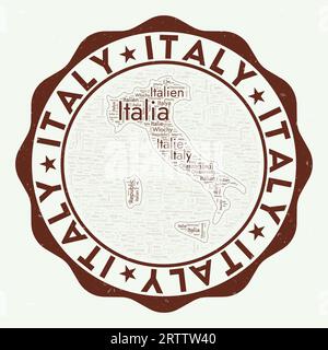 Logo Italie. Badge pays attrayant avec nuage de mots en forme d'Italie. Emblème rond avec le nom du pays. Charmante illustration vectorielle. Illustration de Vecteur