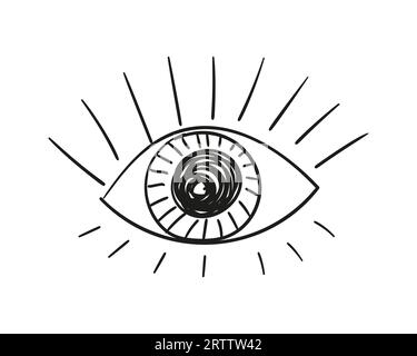 Doodle oculaire isolé, esquisse primitive d'un œil ouvert simple regardant droit avec une grande pupille et de longs cils, Vector illustration dessinée à la main, troisième e Illustration de Vecteur