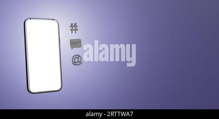 contactez-nous page avec maquette concept de téléphone portable avec hashtag, chat, email, icônes. Page du site web contactez-nous. concept de support client. espace de copie. Banque D'Images