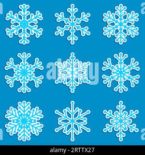 Ensemble d'autocollants flocons de neige d'hiver. Six flocons de neige moelleux et pointus symbole du temps hivernal et de l'ambiance festive. Icônes vectorielles simples isolées sur fond bleu Illustration de Vecteur