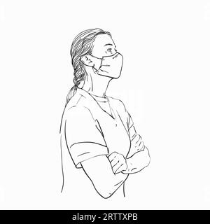 Femme de profil portant un masque facial médical debout avec les bras croisés sur sa poitrine, illustration linéaire dessinée à la main, croquis vectoriel isolé sur blanc Illustration de Vecteur