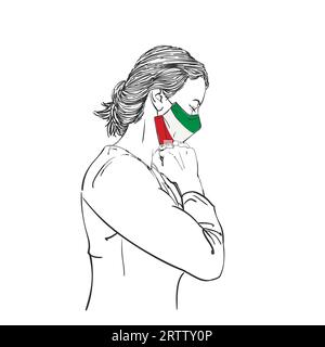 Épidémie de coronavirus en Italie, femme priant pour l'Italie dans un masque médical de couleur drapeau italien avec des poings sous le menton, les yeux fermés dans l'espoir, illus dessinés à la main Illustration de Vecteur