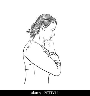 Croquis de femme priant avec les poings sous le menton, la tête en bas et les yeux fermés dans l'espoir, illustration vectorielle dessinée à la main Illustration de Vecteur