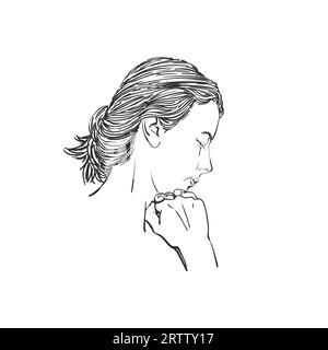 Croquis de femme priant avec les poings sous le menton, la tête baissée et les yeux fermés dans l'espoir, portrait vectoriel dessiné à la main Illustration de Vecteur