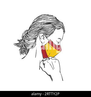 Priez pour l'Espagne, l'épidémie de coronavirus en Espagne, femme en masque médical de couleur drapeau espagnol avec des poings sous le menton, les yeux fermés dans l'espoir, illustre dessiné à la main Illustration de Vecteur