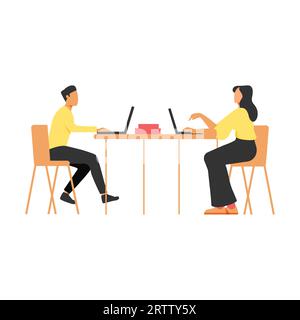 Homme d'affaires et femme d'affaires assis à la table et travaillant sur ordinateur portable dans l'illustration vectorielle de bureau Illustration de Vecteur