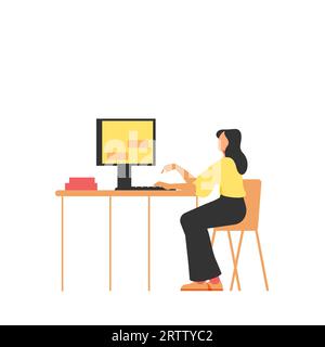 Jeune femme travaillant sur l'ordinateur à la conception de vecteur de bureau à domicile pour le concept d'entreprise Illustration sur un fond blanc Illustration de Vecteur