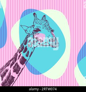 Esquisse de tête de girafe sur des formes rationalisées abstraites de couleur bleue et rose sur fond carré rayé. Illustration vectorielle dessinée à la main Illustration de Vecteur