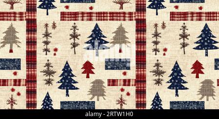 Chalet de noël rustique avec effet de tissu de couture à la main primitive. bordure. Garniture de ruban homespun chic et nostalgique douillet avec americana Banque D'Images