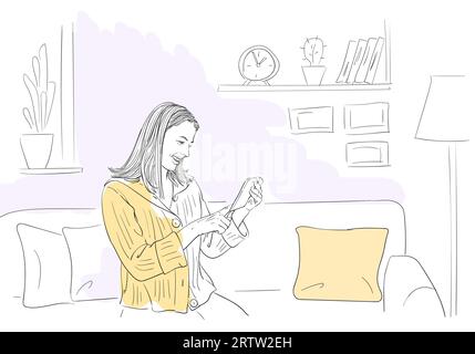 Femme utilisant la tablette et le sourire, assise sur le canapé dans une atmosphère confortable de la maison relaxante, auto-isolement au moment de la quarantaine du coronavirus, illus dessinés à la main Illustration de Vecteur