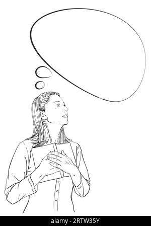 Jeune femme presse le livre ouvert à elle-même avec les deux mains, regarde de côté et pense avec bulle de pensée, croquis vectoriel, illustrat linéaire dessiné à la main
