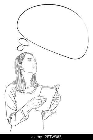 Jeune femme tient le livre ouvert dans les mains, regarde de côté et pense avec bulle de pensée, croquis vectoriel, illustration linéaire dessinée à la main isolée