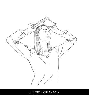 Jeune femme tient le livre ouvert au-dessus de sa tête comme le toit au-dessus de la maison, regarde de côté et sourit, croquis vectoriel, illustration linéaire dessinée à la main isolée