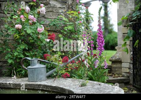Arrosoir par un élément d'eau dans un jardin clos, Royaume-Uni Banque D'Images