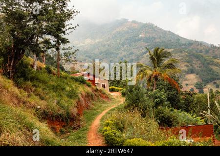 Paysages africains avec des maisons et des fermes agricoles dans les montagnes Uluguru, Tanzanie Banque D'Images