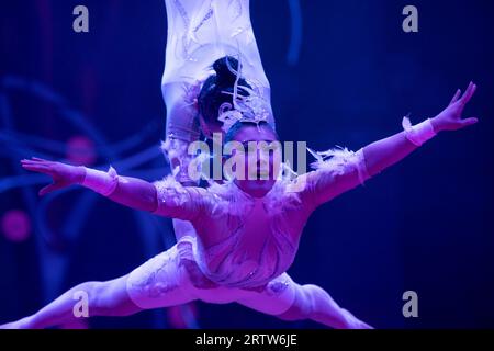 Artistes de cirque de trapèze aérien de Chine Liu Xinqi et Xu Yangqian (troupe de cirque chinois Huanggang Hishui) à l'arène du I Festival International du Cirque de Moscou Nikouline sur le boulevard Tsvetnoy 'artiste' à Moscou, Russie Banque D'Images