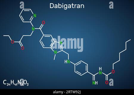 Molécule de dabigatran. C'est un médicament anticoagulant. Formule chimique structurale sur fond bleu foncé. Illustration vectorielle Illustration de Vecteur