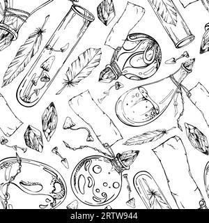 Fioles de potion en verre de sorcière de vecteur d'encre dessinées à la main, champignons empoisonnés, cristaux, plumes. Illustration art Halloween sorcellerie occulte. Motif sans couture Illustration de Vecteur