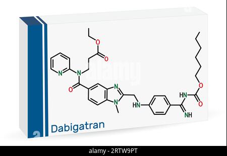 Molécule de dabigatran. C'est un médicament anticoagulant. Formule chimique squelettique. Emballage en papier pour médicaments. Illustration vectorielle Illustration de Vecteur