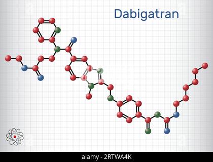 Molécule de dabigatran. C'est un médicament anticoagulant. Formule chimique structurale et modèle moléculaire. Feuille de papier dans une cage Illustration de Vecteur